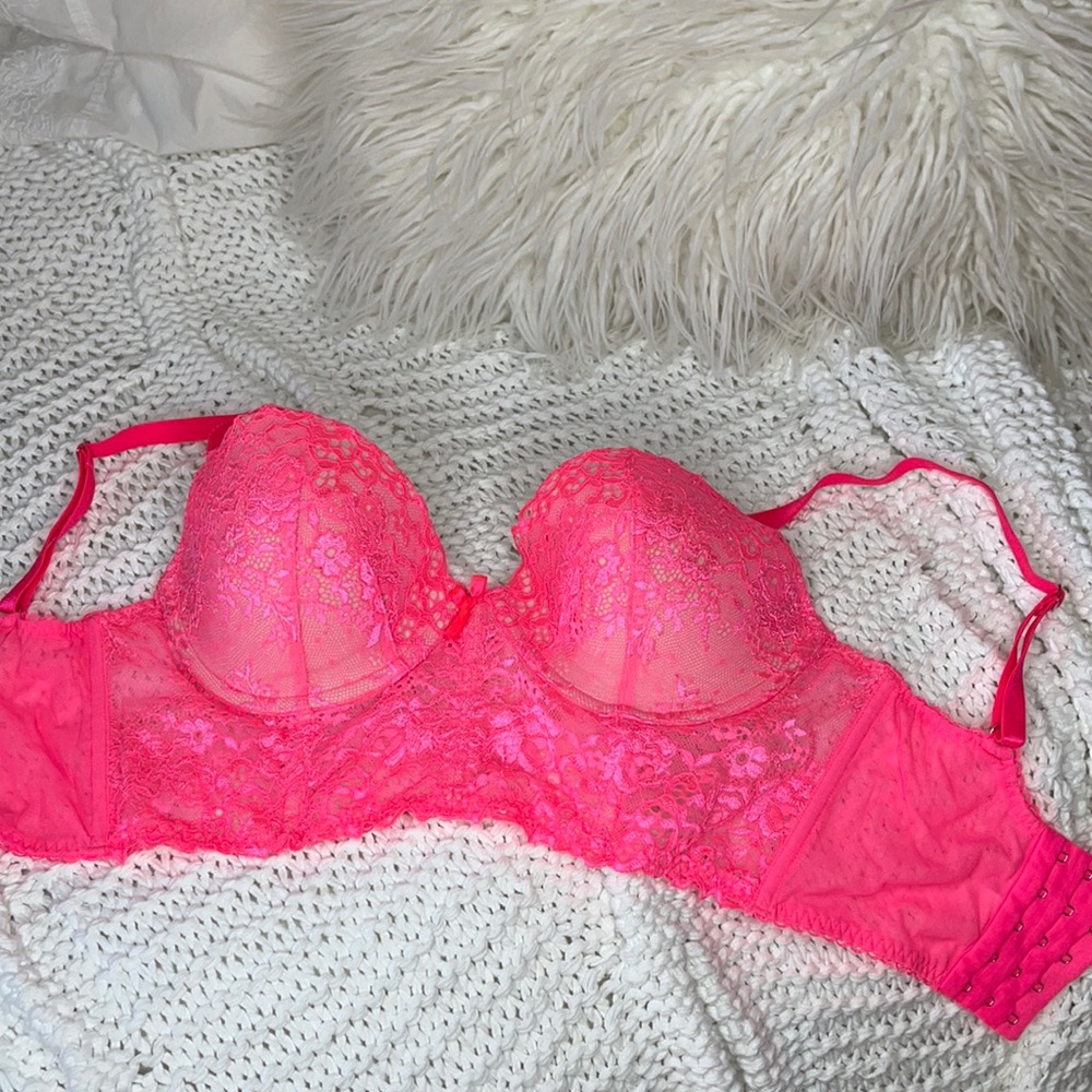 Victoria Secret Lace Bustier Bra Corset Top 34D Neon Hot Pink